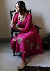 Rani pink georgette anarkali with peacock motif