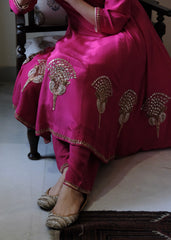 Rani pink georgette anarkali with peacock motif