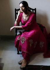 Rani pink georgette anarkali with peacock motif