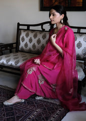 Rani pink georgette anarkali with peacock motif