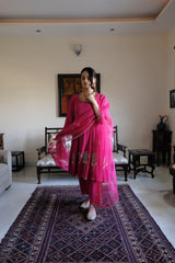 Rani pink georgette anarkali with peacock motif