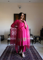 Rani pink georgette anarkali with peacock motif
