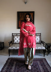 Red chanderi short kurta and mint green banarsi jaal salwar with scalloped dupatta
