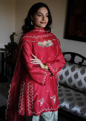 Red chanderi short kurta and mint green banarsi jaal salwar with scalloped dupatta