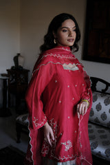 Red chanderi short kurta and mint green banarsi jaal salwar with scalloped dupatta