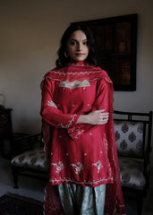 Red chanderi short kurta and mint green banarsi jaal salwar with scalloped dupatta