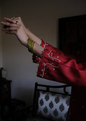 Red chanderi short kurta and mint green banarsi jaal salwar with scalloped dupatta