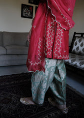 Red chanderi short kurta and mint green banarsi jaal salwar with scalloped dupatta