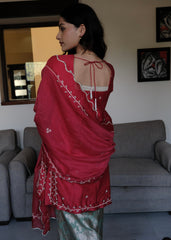 Red chanderi short kurta and mint green banarsi jaal salwar with scalloped dupatta