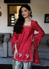 Red chanderi short kurta and mint green banarsi jaal salwar with scalloped dupatta