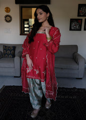 Red chanderi short kurta and mint green banarsi jaal salwar with scalloped dupatta