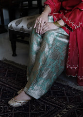 Red chanderi short kurta and mint green banarsi jaal salwar with scalloped dupatta