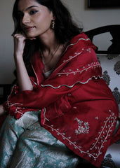 Red chanderi short kurta and mint green banarsi jaal salwar with scalloped dupatta