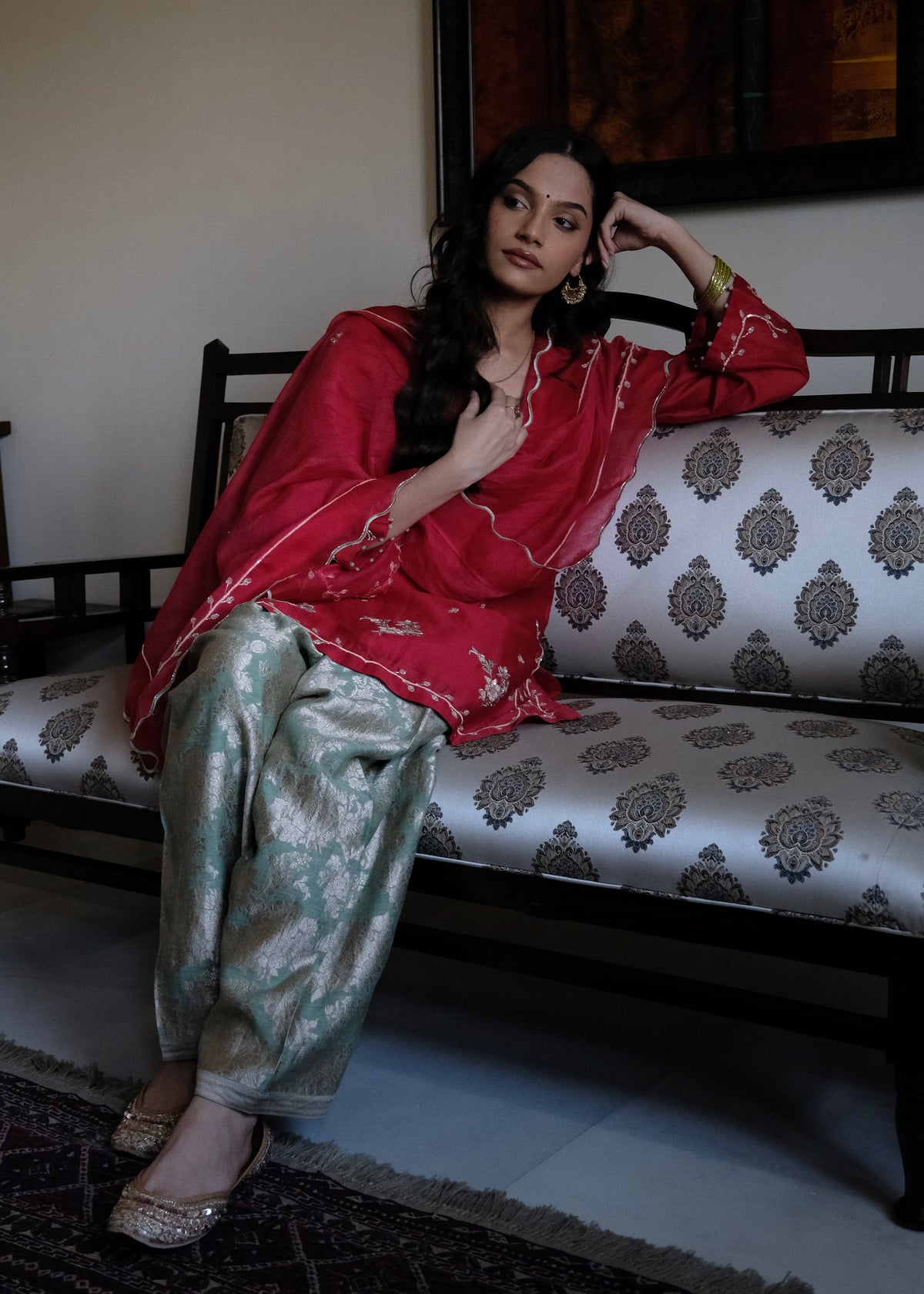 Red chanderi short kurta and mint green banarsi jaal salwar with scalloped dupatta