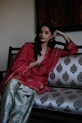 Red chanderi short kurta and mint green banarsi jaal salwar with scalloped dupatta