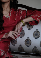 Red chanderi short kurta and mint green banarsi jaal salwar with scalloped dupatta