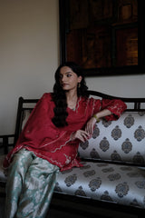 Red chanderi short kurta and mint green banarsi jaal salwar with scalloped dupatta