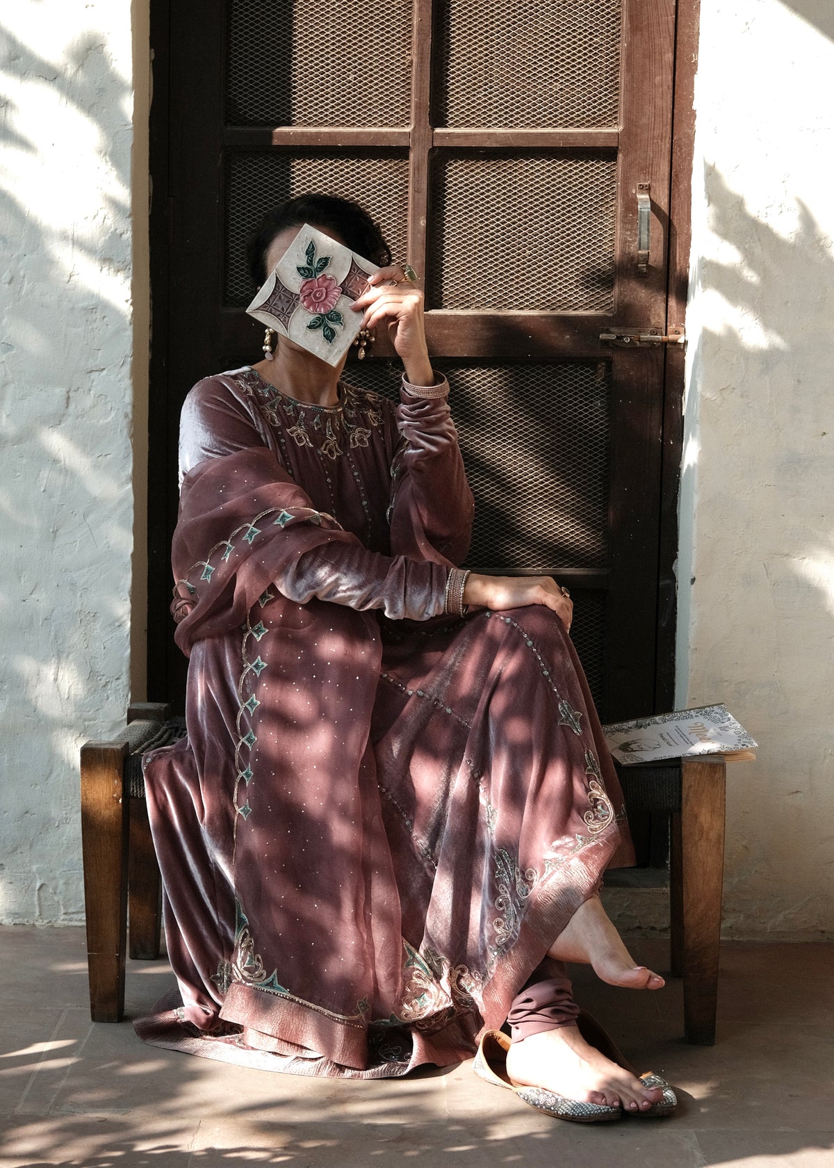 Ibtidā Hand-Embroidered Velvet Anarkali in Dusty Mauve