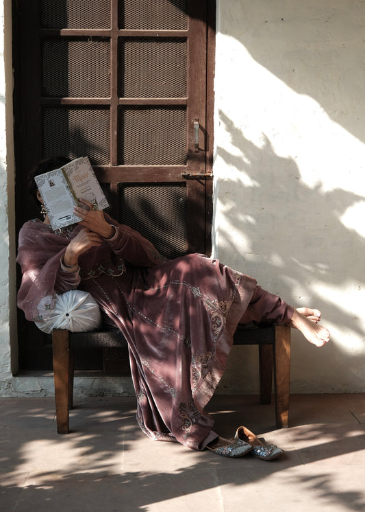 Ibtidā Hand-Embroidered Velvet Anarkali in Dusty Mauve