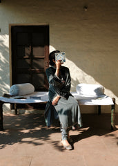 Ibtidā Slate Grey Velvet Kurta with Tanchoi Mosaic Yoke & Ombre Organza Dupatta