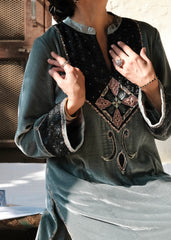 Ibtidā Slate Grey Velvet Kurta with Tanchoi Mosaic Yoke & Ombre Organza Dupatta