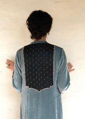 Ibtidā Slate Grey Velvet Kurta with Tanchoi Mosaic Yoke & Ombre Organza Dupatta