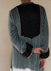 Ibtidā Slate Grey Velvet Kurta with Tanchoi Mosaic Yoke & Ombre Organza Dupatta