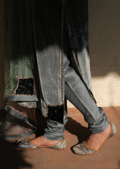Ibtidā Slate Grey Velvet Kurta with Tanchoi Mosaic Yoke & Ombre Organza Dupatta