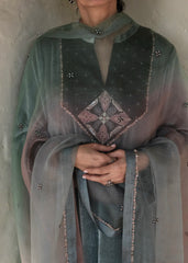 Ibtidā Slate Grey Velvet Kurta with Tanchoi Mosaic Yoke & Ombre Organza Dupatta