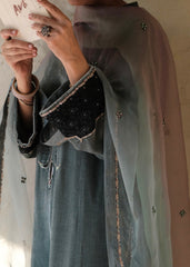 Ibtidā Slate Grey Velvet Kurta with Tanchoi Mosaic Yoke & Ombre Organza Dupatta