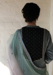 Ibtidā Slate Grey Velvet Kurta with Tanchoi Mosaic Yoke & Ombre Organza Dupatta