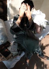 Ibtidā Slate Grey Velvet Kurta with Tanchoi Mosaic Yoke & Ombre Organza Dupatta