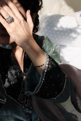 Ibtidā Slate Grey Velvet Kurta with Tanchoi Mosaic Yoke & Ombre Organza Dupatta