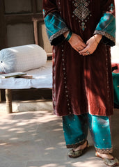 Ibtidā Marsala Brocade Mosaic Velvet Kurta set with  peacock salwar