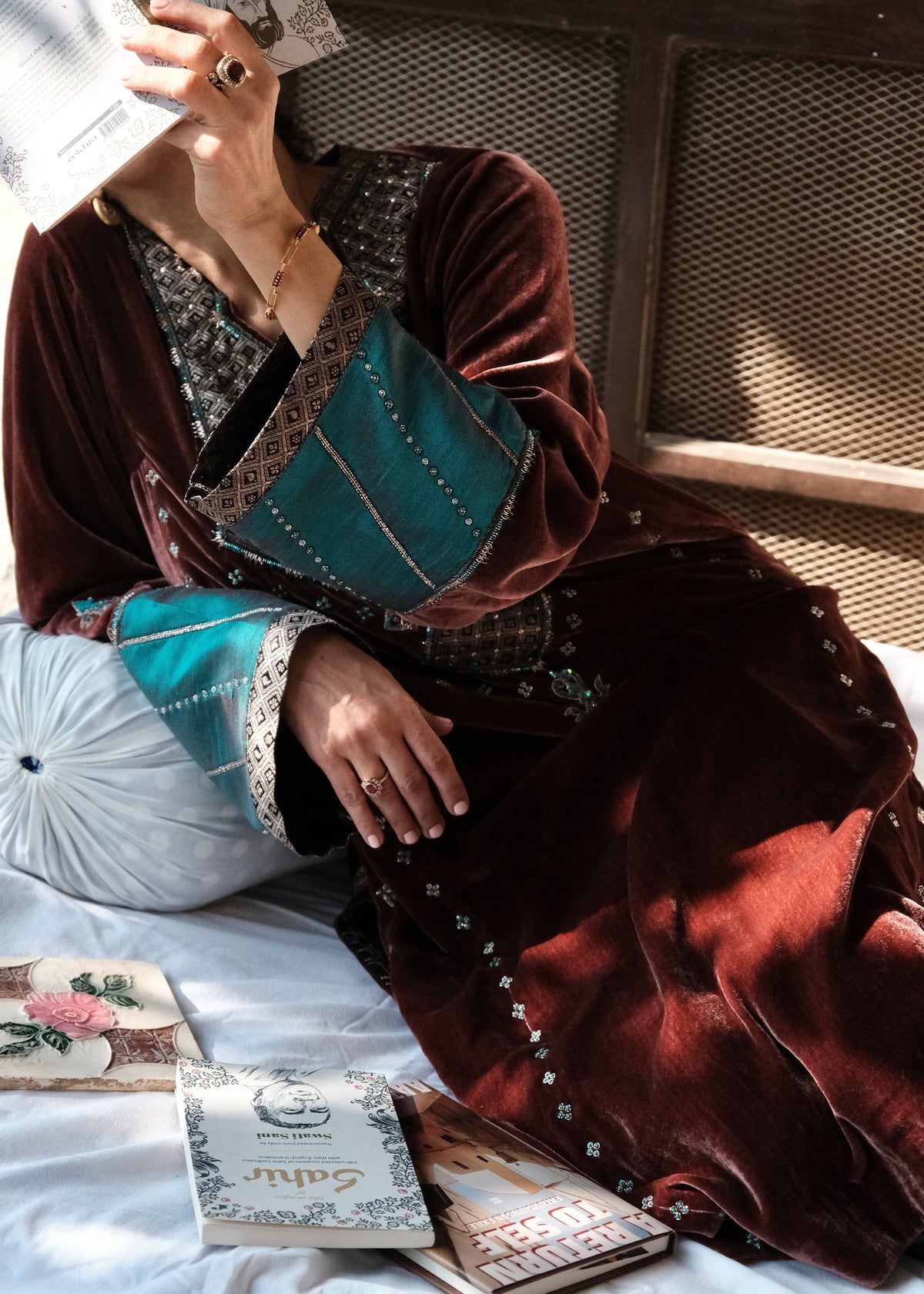 Ibtidā Marsala Brocade Mosaic Velvet Kurta set with  peacock salwar