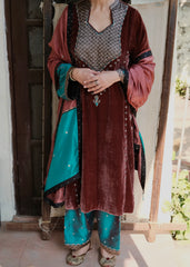 Ibtidā Marsala Brocade Mosaic Velvet Kurta set with  peacock salwar