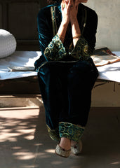 Ibtidā Teal Velvet Kurta with Ajrakh Mosaic Yoke & Farshi Salwar