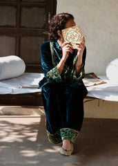 Ibtidā Teal Velvet Kurta with Ajrakh Mosaic Yoke & Farshi Salwar