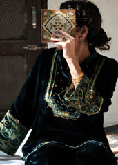 Ibtidā Teal Velvet Kurta with Ajrakh Mosaic Yoke & Farshi Salwar