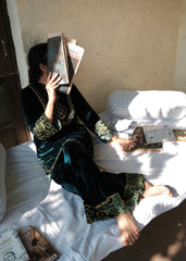 Ibtidā Teal Velvet Kurta with Ajrakh Mosaic Yoke & Farshi Salwar