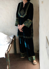 Ibtidā Teal Velvet Kurta with Ajrakh Mosaic Yoke & Farshi Salwar