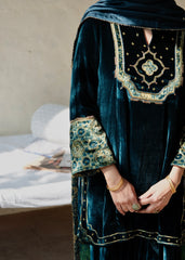 Ibtidā Teal Velvet Kurta with Ajrakh Mosaic Yoke & Farshi Salwar