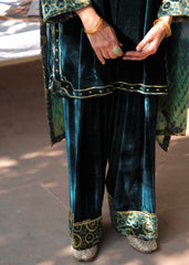 Ibtidā Teal Velvet Kurta with Ajrakh Mosaic Yoke & Farshi Salwar
