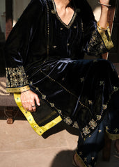 Ibtidā Navy–Green Velvet Kurta with Tile Motifs and Lime Organza Dupatta