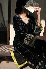 Ibtidā Navy–Green Velvet Kurta with Tile Motifs and Lime Organza Dupatta