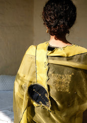 Ibtidā Navy–Green Velvet Kurta with Tile Motifs and Lime Organza Dupatta