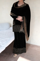 Ibtidā Black Velvet Short Kurta and Sharara with Mosaic Jaal and Tissue- edged Velvet Stole