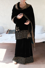 Ibtidā Black Velvet Short Kurta and Sharara with Mosaic Jaal and Tissue- edged Velvet Stole