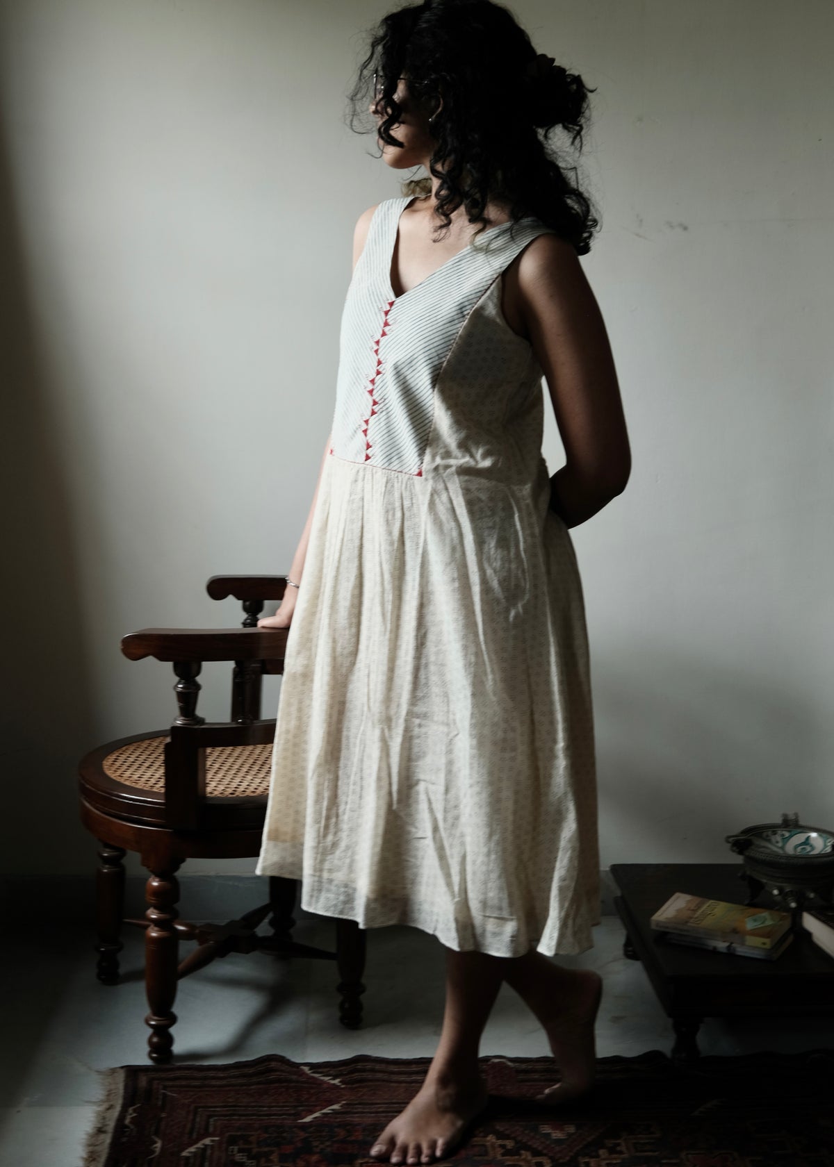 Ivory & Blue Ajrakh Print Mulmul Cotton Sundress