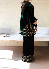 Ibtidā Black Velvet Short Kurta and Sharara with Mosaic Jaal and Tissue- edged Velvet Stole